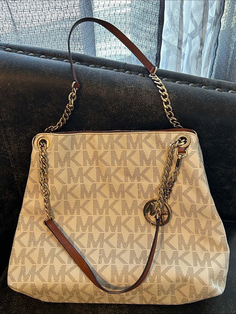 Michael Kors Cream Signature Logo Shoulder Tote with Brown Trim